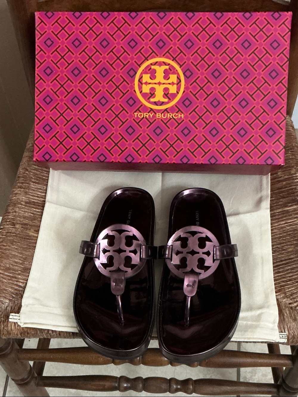 Tory Burch Metallic Merlot Logo Jelly Thong Sandals